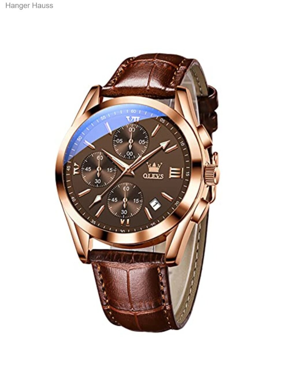 Men's Chronograph Watch Big Face Leather Strap Stainless Steel Case